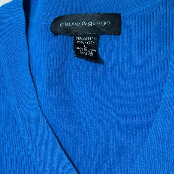 Cable & Gauge Ribbed Vibrant Blue V-Neck Button Shirt L - Picture 3 of 4